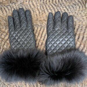 Black Leather Gloves with Fox Fur Trim by FRR  Size ML or 8.5
